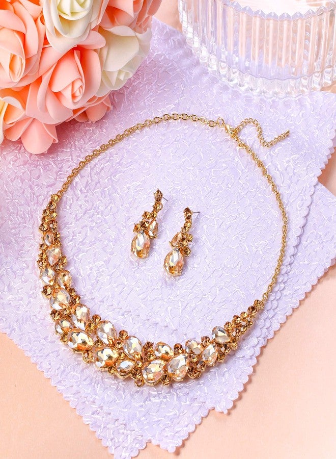 بريلوف طقم مجوهرات زفاف بريلوف للنساء، قلادة وأقراط متدلية مرصعة بكريستال نمساوي متعدد الطبقات بلون ذهبي شامباني. - Image 3