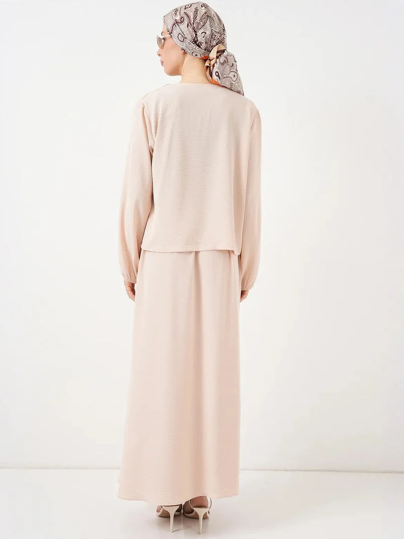 Big Dart Cream Natural BDART V-neck Tie Closure Blouse & Maxi Skirt Two-Piece Coord Set for Women | Best Price UAE
