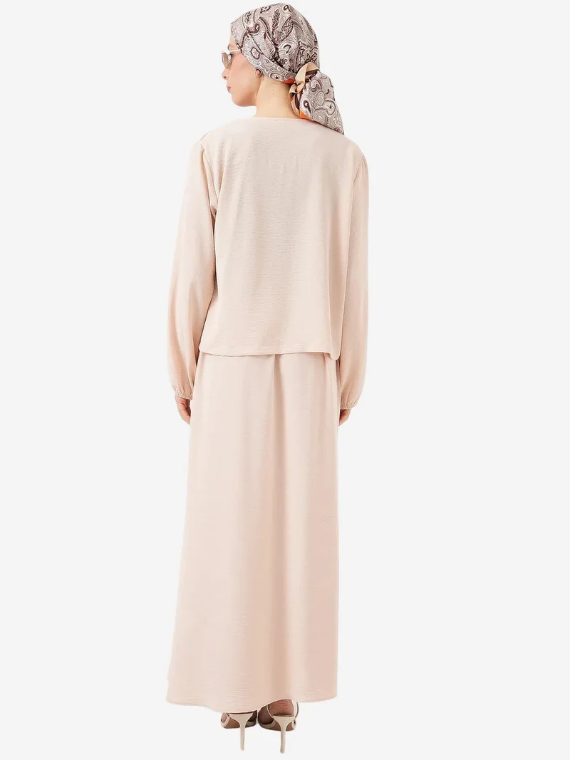 Big Dart Cream Natural BDART V-neck Tie Closure Blouse & Maxi Skirt Two-Piece Coord Set for Women | Best Price UAE