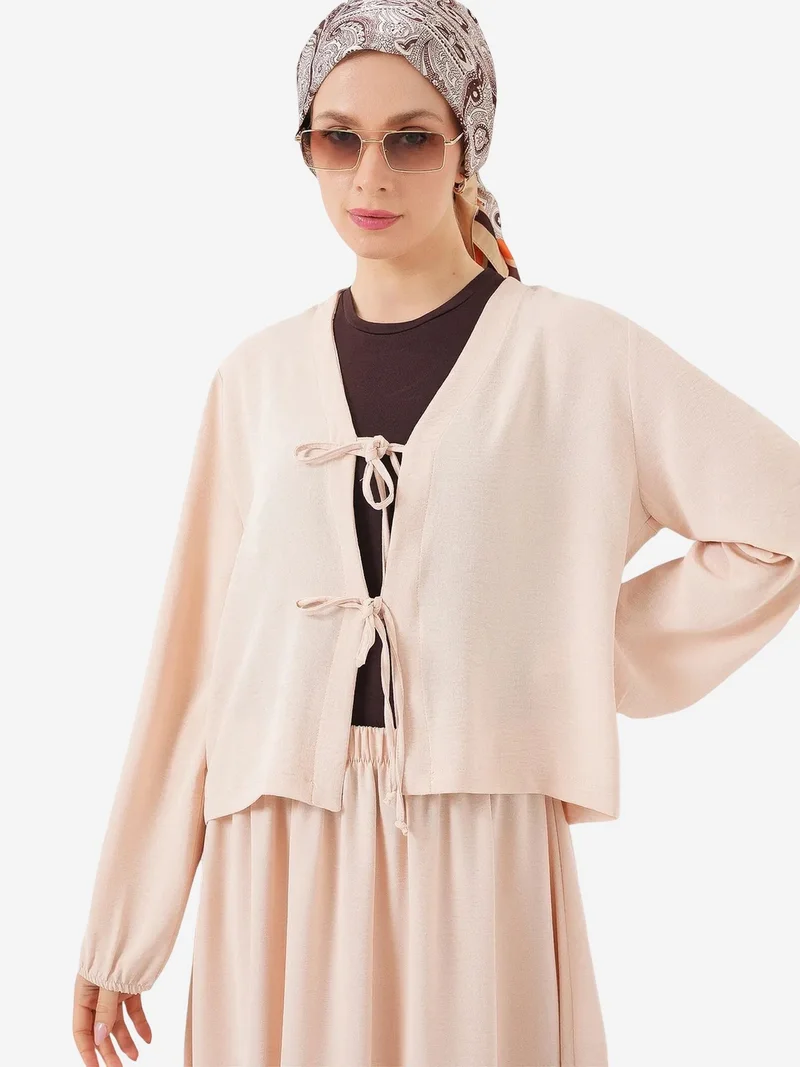 Big Dart Cream Natural BDART V-neck Tie Closure Blouse & Maxi Skirt Two-Piece Coord Set for Women | Best Price UAE