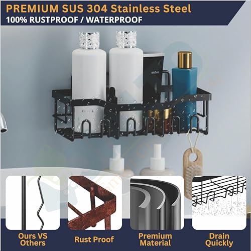 JIALTO Bathroom Storage Organizer Set 4 -in-1 Self-Adhesive Wall Mount Shelves with Soap Holder, No Drill Bathroom Shelves | Bathroom Adhesive Shelf | Bathroom Corner Shelf Rack (Black) - Image 3