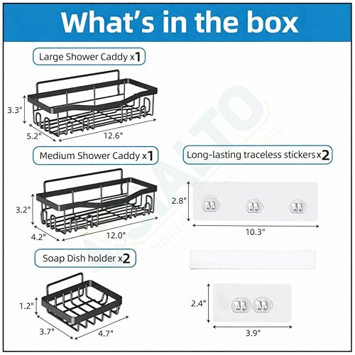 JIALTO Bathroom Storage Organizer Set 4 -in-1 Self-Adhesive Wall Mount Shelves with Soap Holder, No Drill Bathroom Shelves | Bathroom Adhesive Shelf | Bathroom Corner Shelf Rack (Black) - Image 2