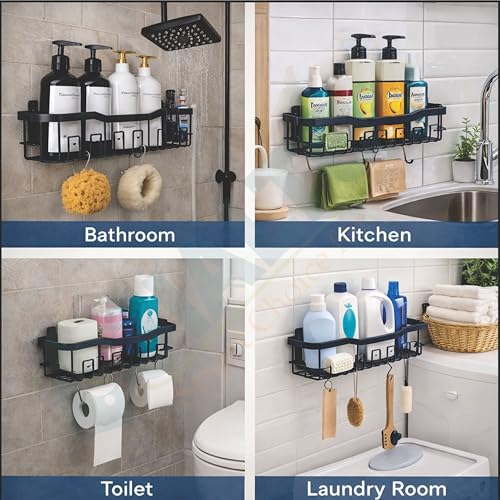 JIALTO Bathroom Storage Organizer Set 4 -in-1 Self-Adhesive Wall Mount Shelves with Soap Holder, No Drill Bathroom Shelves | Bathroom Adhesive Shelf | Bathroom Corner Shelf Rack (Black) - Image 5