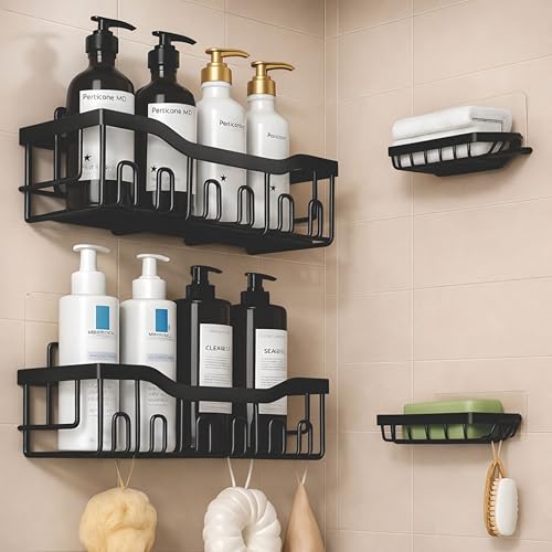 JIALTO Bathroom Storage Organizer Set 4 -in-1 Self-Adhesive Wall Mount Shelves with Soap Holder, No Drill Bathroom Shelves | Bathroom Adhesive Shelf | Bathroom Corner Shelf Rack (Black) - Image 1