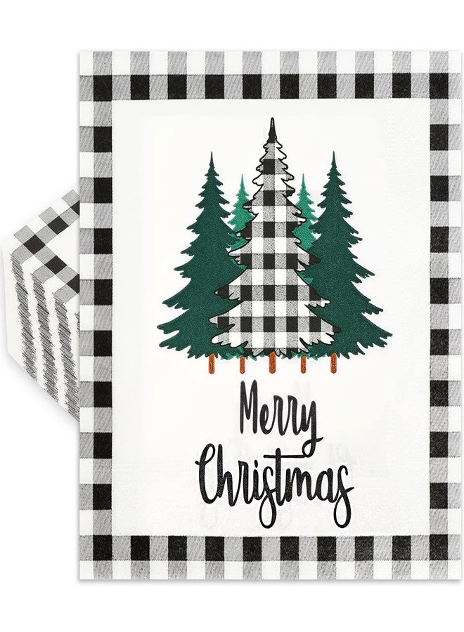 Whaline 80 Pack Christmas Napkins Paper Xmas Tree Black White Buffalo Plaid Edge Pattern Disposable Napkins 6.5 Inch Merry Christmas Cocktail Napkins for Xmas Party Winter Holiday Dinner Supplies - Image 1