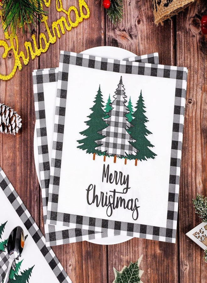 Whaline 80 Pack Christmas Napkins Paper Xmas Tree Black White Buffalo Plaid Edge Pattern Disposable Napkins 6.5 Inch Merry Christmas Cocktail Napkins for Xmas Party Winter Holiday Dinner Supplies - Image 3