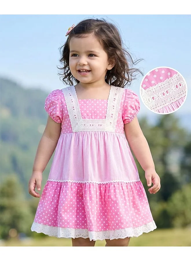 Babyhug Babyhug Cotton Woven Half Sleeves Polka Dots Printed and Striped Tiered Frock with Lace Detailing - Pink