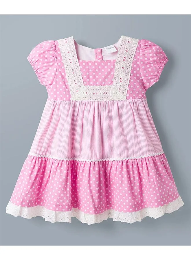 Babyhug Babyhug Cotton Woven Half Sleeves Polka Dots Printed and Striped Tiered Frock with Lace Detailing - Pink