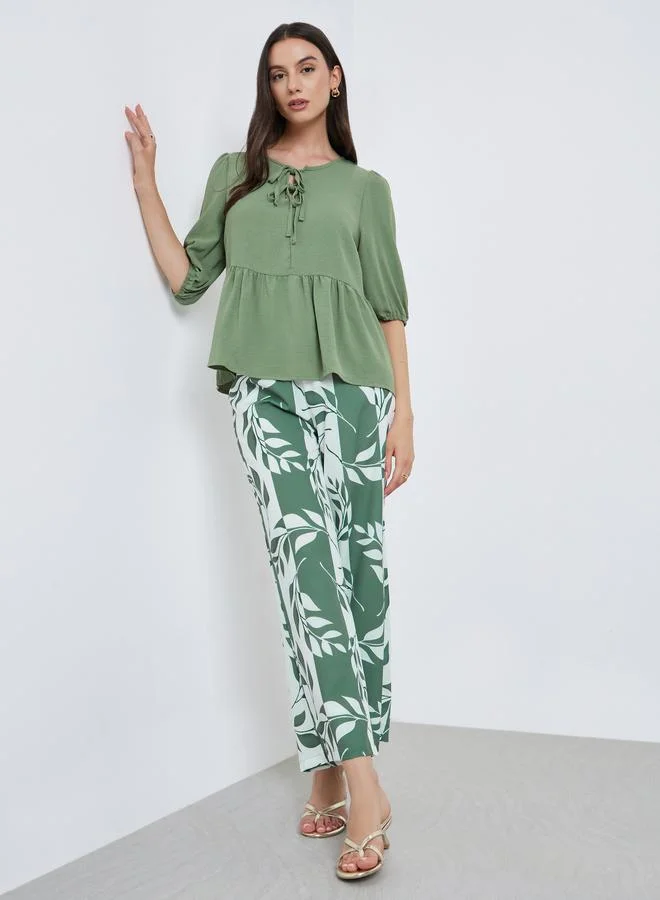 Take Two Take Two Ruffle Hem Tops and Leaf Printed Pants Set