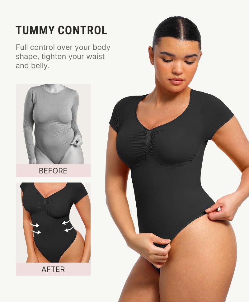 FeelinGirl Women's Shapewear Bodysuit Daily Wear Bodysuit V Neck Short Sleeve Seamless Shapewear for Office And Casual Outfits Black M - Image 4