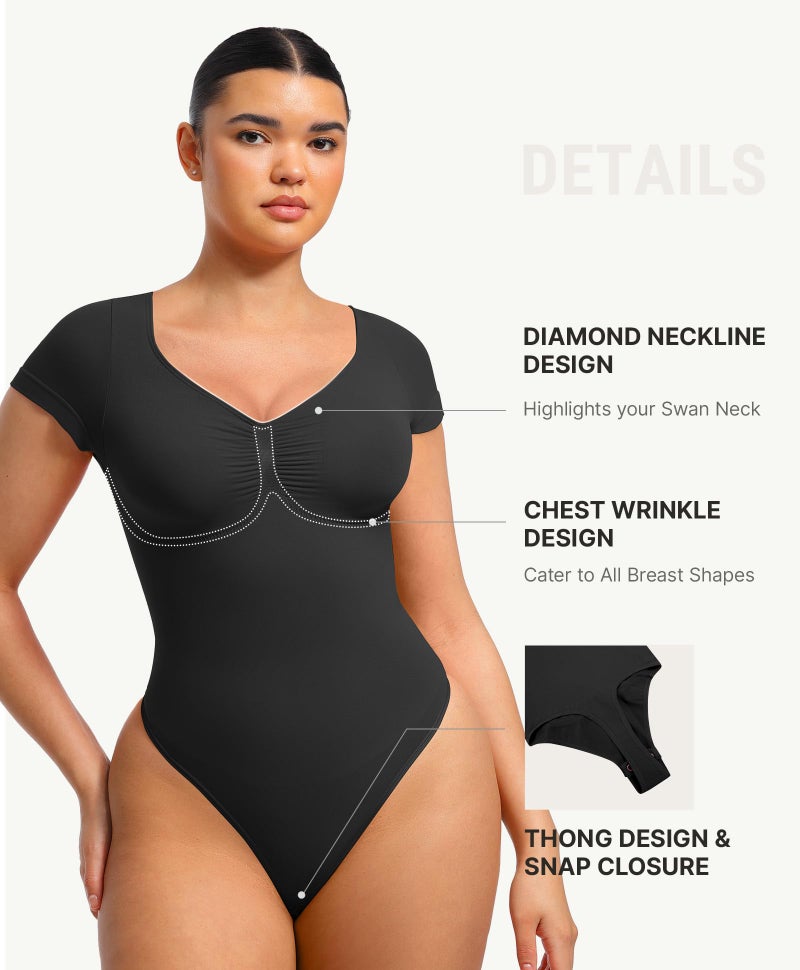 FeelinGirl Women's Shapewear Bodysuit Daily Wear Bodysuit V Neck Short Sleeve Seamless Shapewear for Office And Casual Outfits Black M - Image 3