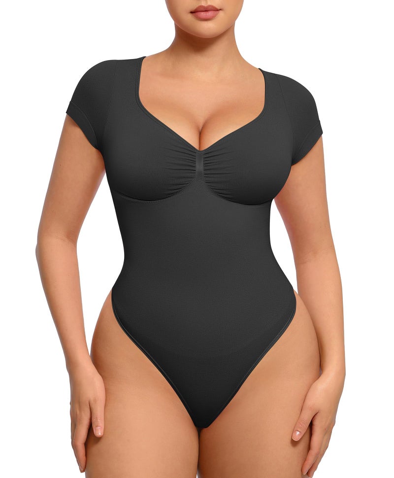 FeelinGirl Women's Shapewear Bodysuit Daily Wear Bodysuit V Neck Short Sleeve Seamless Shapewear for Office And Casual Outfits Black M - Image 1