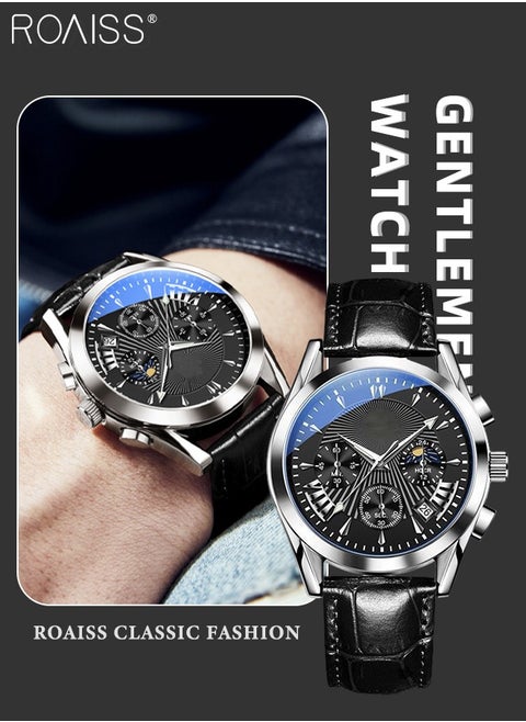 Men's Leather Strap Chronograph Quartz Watch Round Black Dial with Moon Phase and Calendar Display Waterproof Luminous Wristwatch as Gift for Men