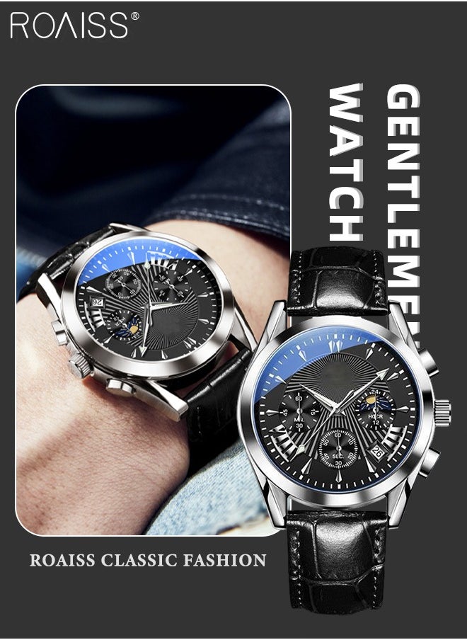 roaiss - Men's Leather Strap Chronograph Quartz Watch Round Black Dial with Moon Phase and Calendar Display Waterproof Luminous Wristwatch as Gift for Men - Image 1