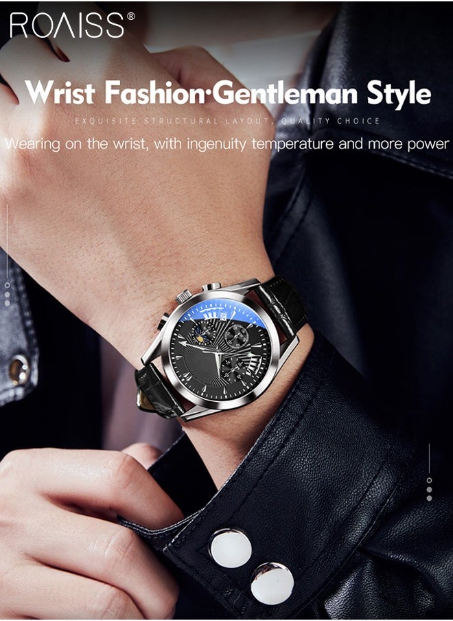 roaiss - Men's Leather Strap Chronograph Quartz Watch Round Black Dial with Moon Phase and Calendar Display Waterproof Luminous Wristwatch as Gift for Men - Image 1