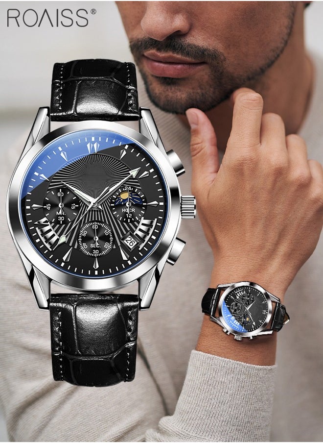 roaiss - Men's Leather Strap Chronograph Quartz Watch Round Black Dial with Moon Phase and Calendar Display Waterproof Luminous Wristwatch as Gift for Men - Image 1