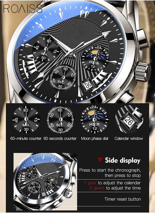 roaiss - Men's Leather Strap Chronograph Quartz Watch Round Black Dial with Moon Phase and Calendar Display Waterproof Luminous Wristwatch as Gift for Men - Image 1