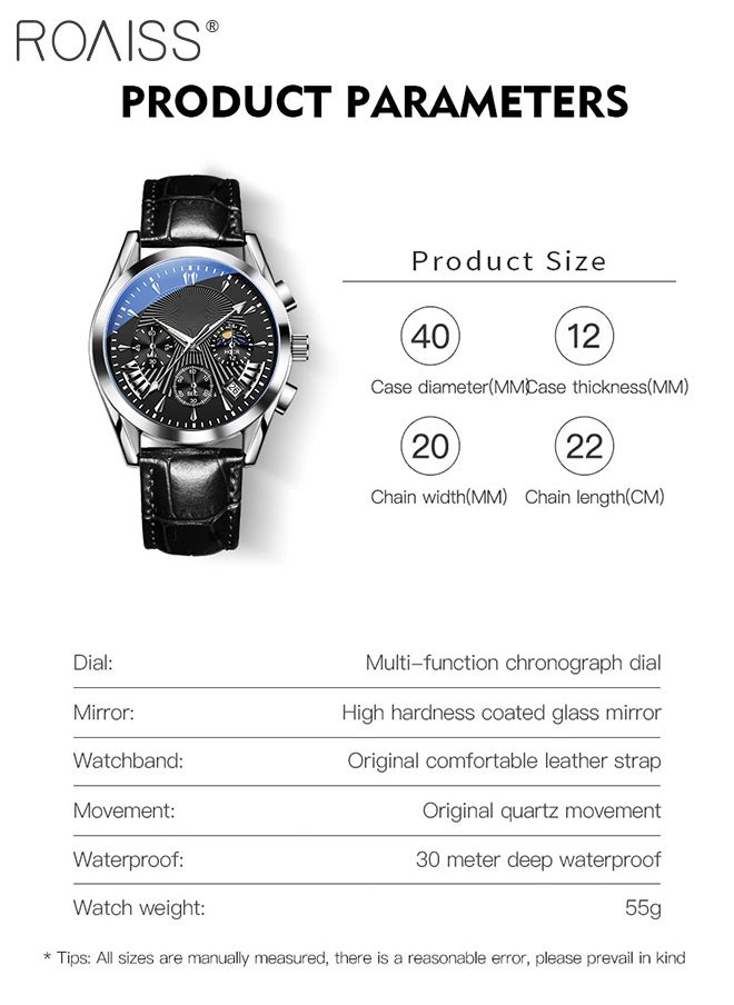 roaiss - Men's Leather Strap Chronograph Quartz Watch Round Black Dial with Moon Phase and Calendar Display Waterproof Luminous Wristwatch as Gift for Men - Image 1