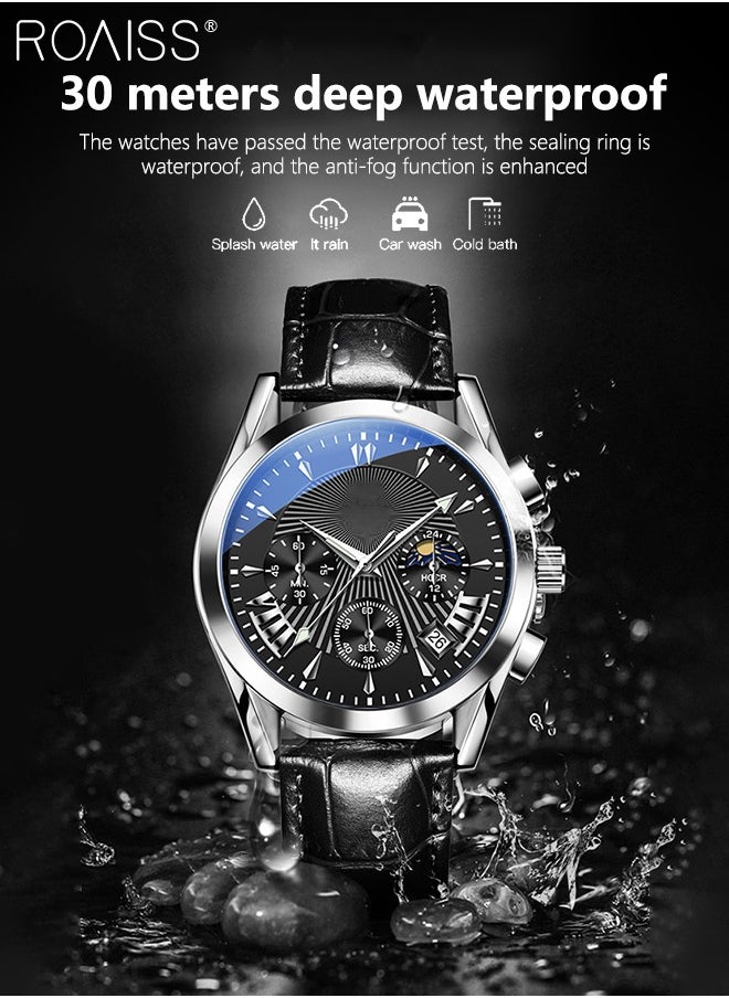 roaiss - Men's Leather Strap Chronograph Quartz Watch Round Black Dial with Moon Phase and Calendar Display Waterproof Luminous Wristwatch as Gift for Men - Image 1