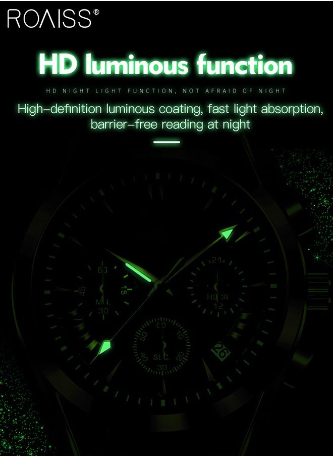 roaiss - Men's Leather Strap Chronograph Quartz Watch Round Black Dial with Moon Phase and Calendar Display Waterproof Luminous Wristwatch as Gift for Men - Image 1