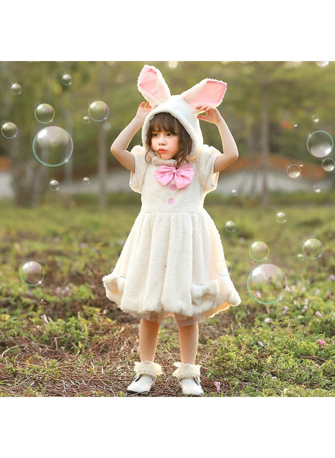 NIBEMINENT Halloween costumes, children's stage play performance costumes, white cute and obedient rabbit dress with drooping ears, princess dress - Image 1