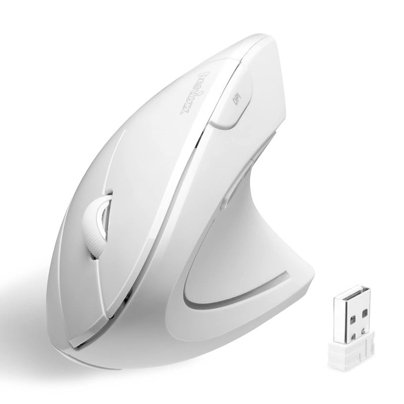 Perixx PERIMICE-713W Wireless Ergonomic Vertical Mouse - 2.4G Spec with USB Receiver - On/Off Switch - 6 Buttons Right Handed Design - White - Image 1