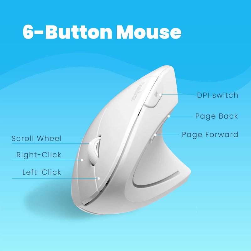Perixx PERIMICE-713W Wireless Ergonomic Vertical Mouse - 2.4G Spec with USB Receiver - On/Off Switch - 6 Buttons Right Handed Design - White - Image 5