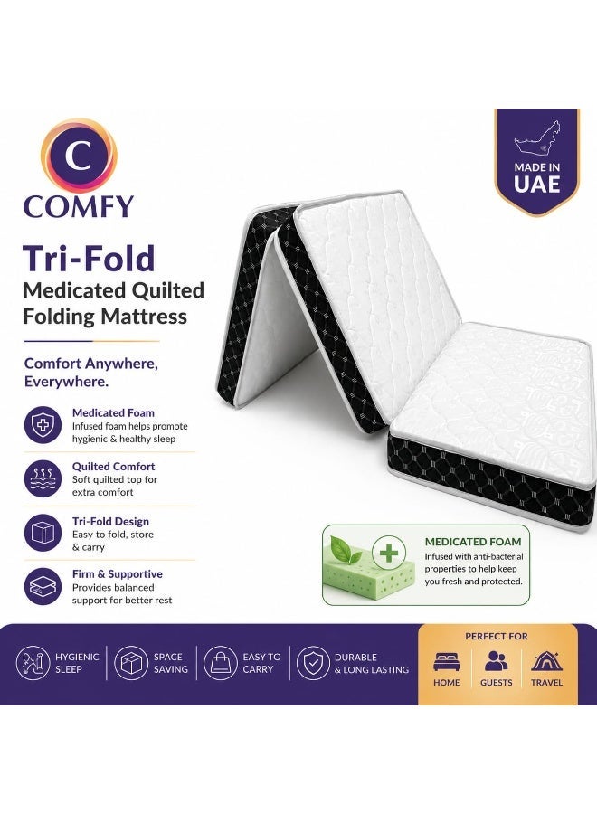 Comfy White Satin Folding Medicated Portable Mattress 180 X 90 X 10Cm With Black Border - Image 1