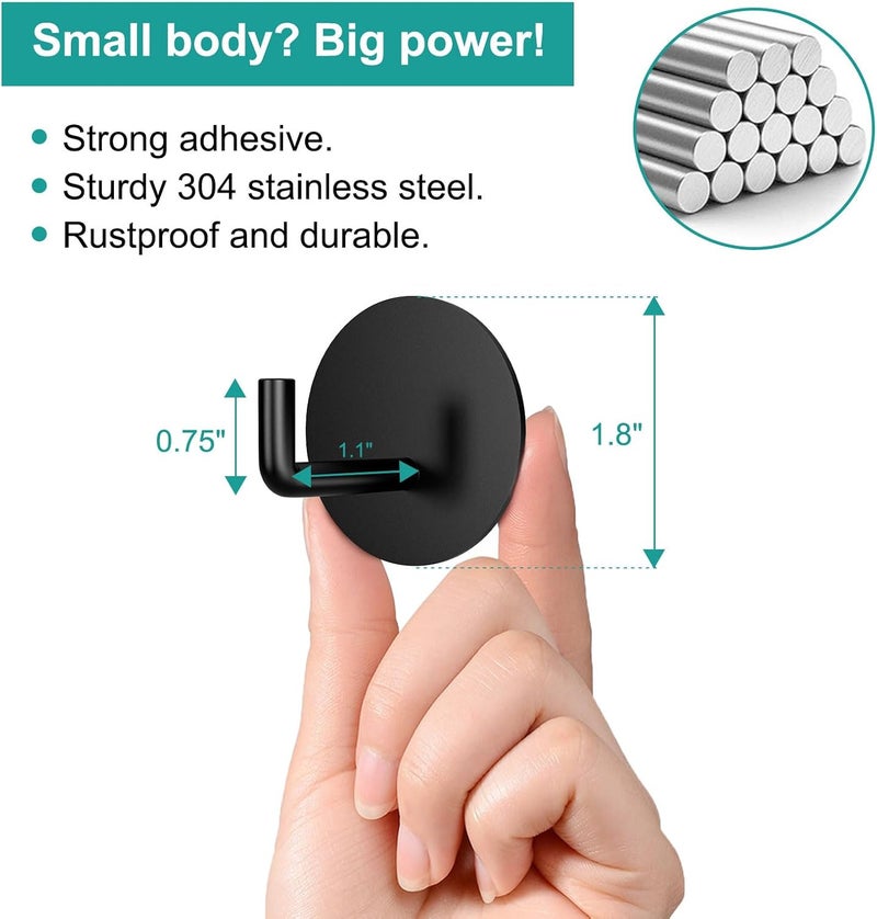 BARONAGE Adhesive Hooks 4 Pack, Black | Stainless Steel Sticky Shower Hooks, Waterproof, Rustproof, Heavy Duty Towel Hook, Easy Install, Traceless Hook For Bathroom - Image 3