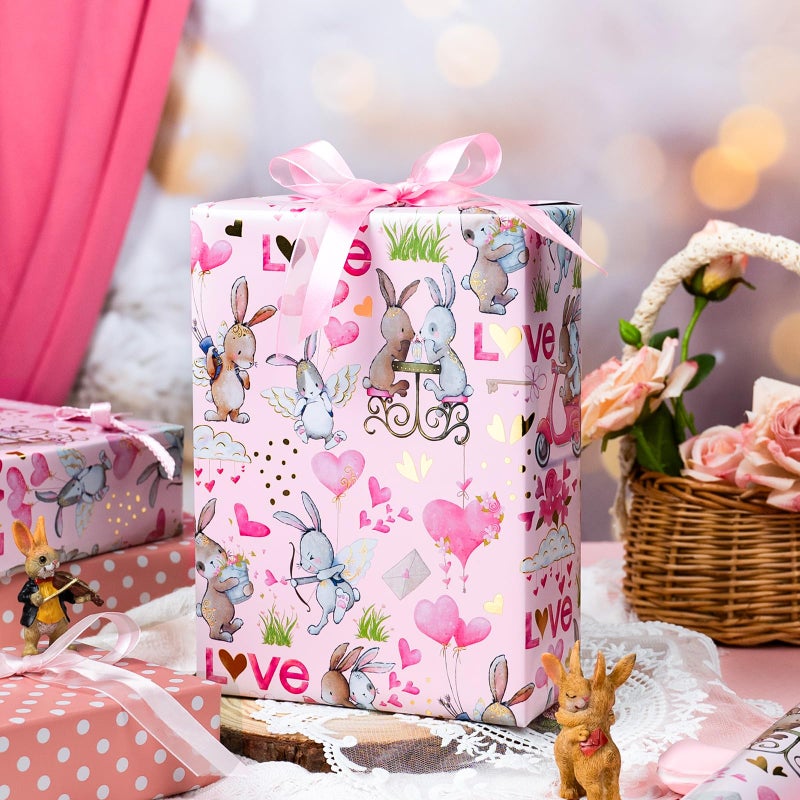 Yarcony Valentines Day Wrapping Paper, Elegant Pink Gift Wrapping paper, Reversible Rabbit, Love Arrow and Dots Gift Wrap for Anniversary, Birthday, Mother's day(Mini Roll, 17 Inch X 33 Feet) - Image 2