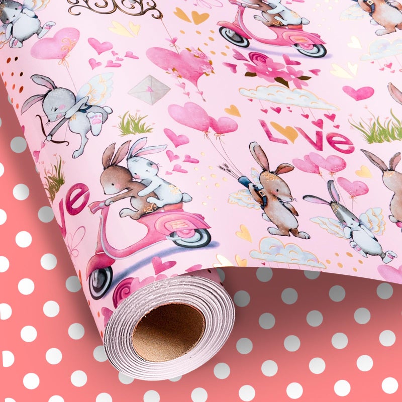 Yarcony Valentines Day Wrapping Paper, Elegant Pink Gift Wrapping paper, Reversible Rabbit, Love Arrow and Dots Gift Wrap for Anniversary, Birthday, Mother's day(Mini Roll, 17 Inch X 33 Feet) - Image 1