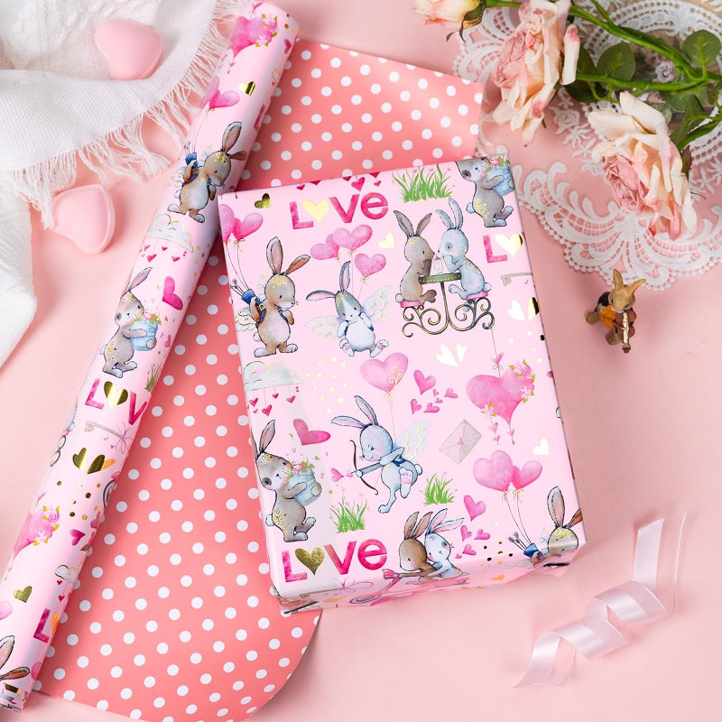 Yarcony Valentines Day Wrapping Paper, Elegant Pink Gift Wrapping paper, Reversible Rabbit, Love Arrow and Dots Gift Wrap for Anniversary, Birthday, Mother's day(Mini Roll, 17 Inch X 33 Feet) - Image 4