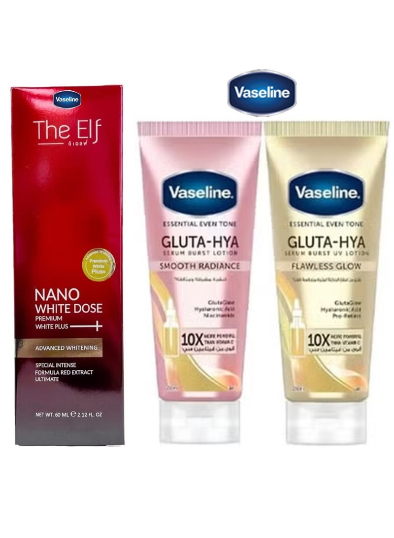 Vaseline Gluta-Hya Serum Burst Lotion Smooth Radiance & Gluta-Hya Serum Burst Lotion (Smooth Radiance / Flawless Glow)  & The Elf Nano White Dose Premium White Plus Serum 60ml - Set