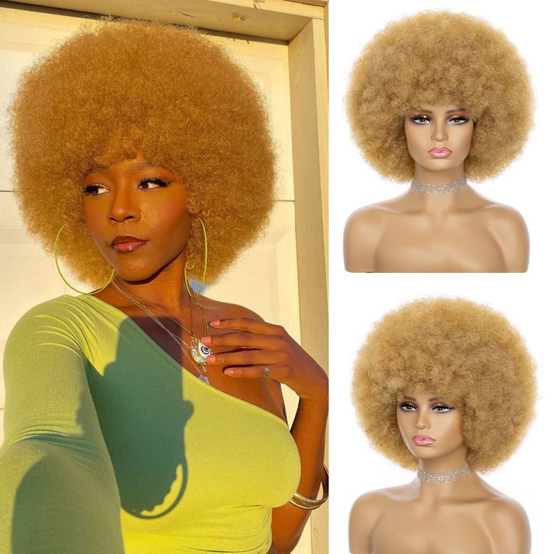 JSDshine Afro Wig For Women  Blonde Soft 70s Afro Kinky Curly Hair Wigs With Bangs Natural Looking Short Afro Curly Wig Bouncy Brown Afro Puff Wig Synthetic Hair Big Afro Wig For Daily Party Use