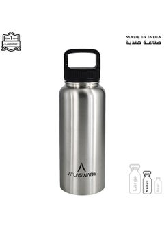 Water bottle with a capacity of 1000 ml, a stainless steel water bottle with a wide black lid, European design, that keeps cold for 45 hours and keeps heat for 14 hours, Silver
