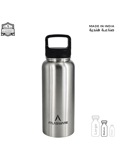 Water bottle with a capacity of 1000 ml, a stainless steel water bottle with a wide black lid, European design, that keeps cold for 45 hours and keeps heat for 14 hours, Silver