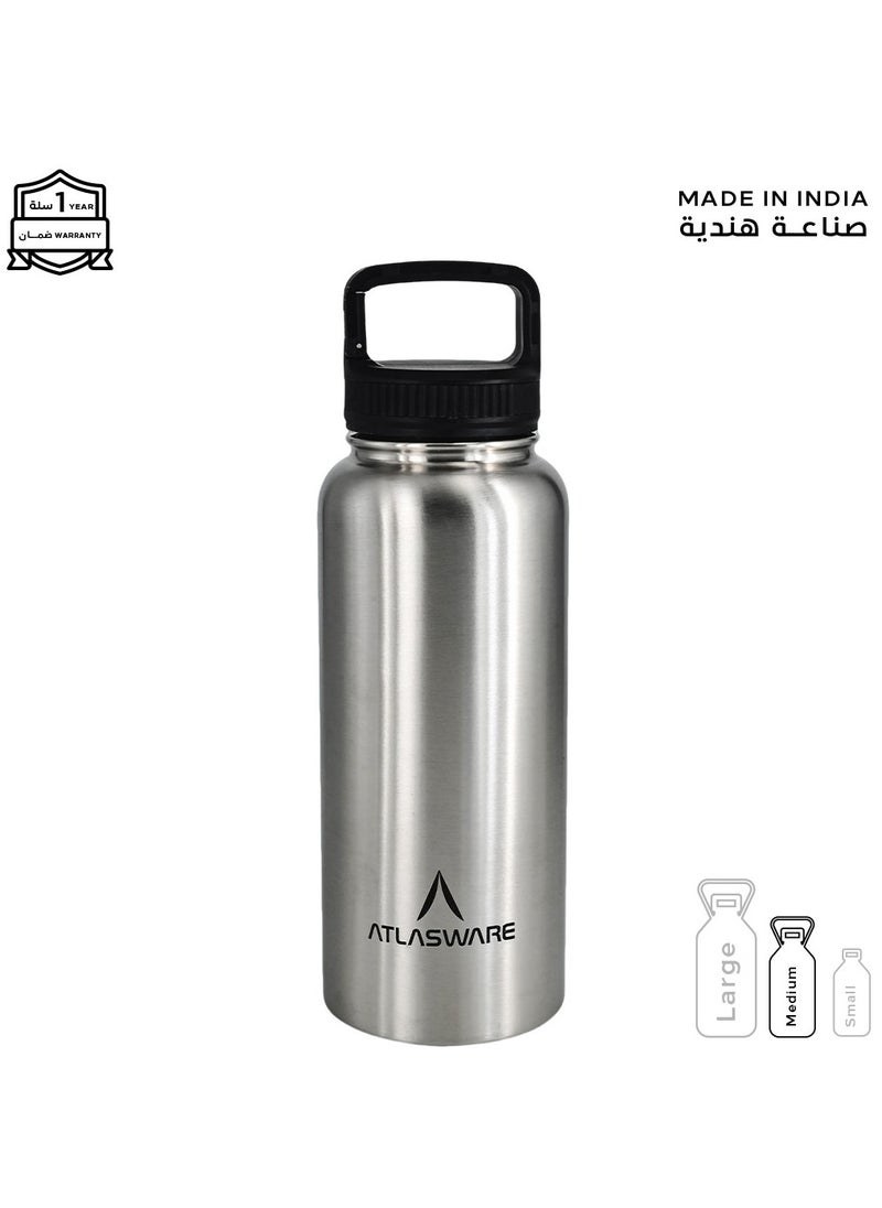 Atlasware - Water bottle with a capacity of 1000 ml, a stainless steel water bottle with a wide black lid, European design, that keeps cold for 45 hours and keeps heat for 14 hours, Silver - Image 1
