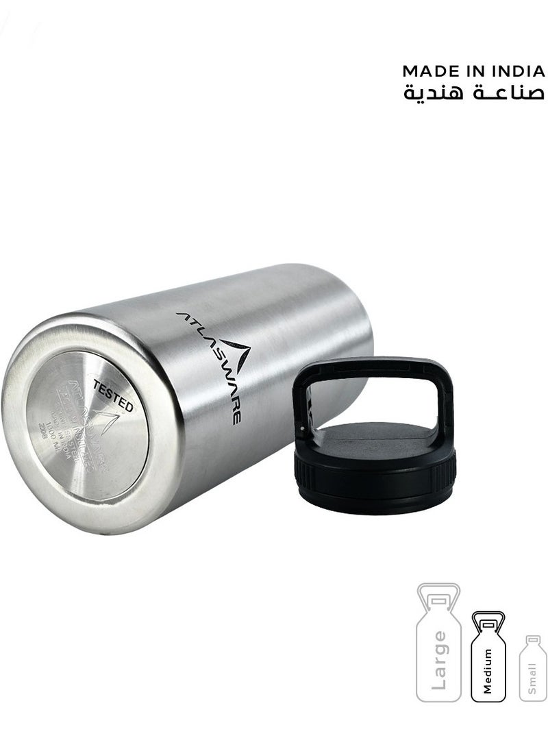 Atlasware - Water bottle with a capacity of 1000 ml, a stainless steel water bottle with a wide black lid, European design, that keeps cold for 45 hours and keeps heat for 14 hours, Silver - Image 1