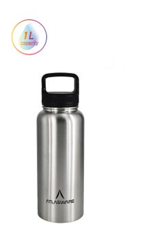 Atlasware Water bottle with a capacity of 1000 ml, a stainless steel water bottle with a wide black lid, European design, that keeps cold for 45 hours and keeps heat for 14 hours, Silver  - Image 2