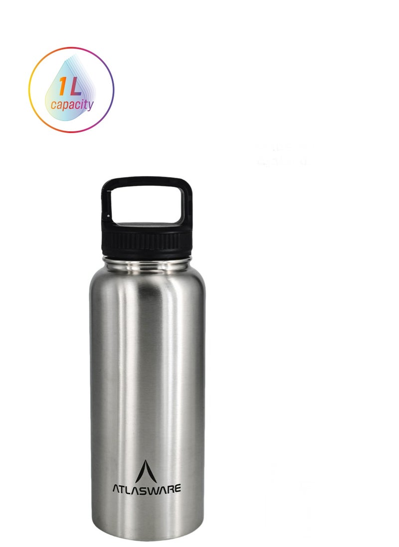 Atlasware - Water bottle with a capacity of 1000 ml, a stainless steel water bottle with a wide black lid, European design, that keeps cold for 45 hours and keeps heat for 14 hours, Silver - Image 1