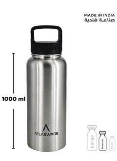 Atlasware Water bottle with a capacity of 1000 ml, a stainless steel water bottle with a wide black lid, European design, that keeps cold for 45 hours and keeps heat for 14 hours, Silver  - Image 3
