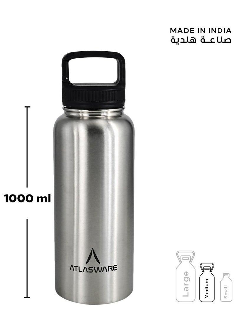 Atlasware - Water bottle with a capacity of 1000 ml, a stainless steel water bottle with a wide black lid, European design, that keeps cold for 45 hours and keeps heat for 14 hours, Silver - Image 1