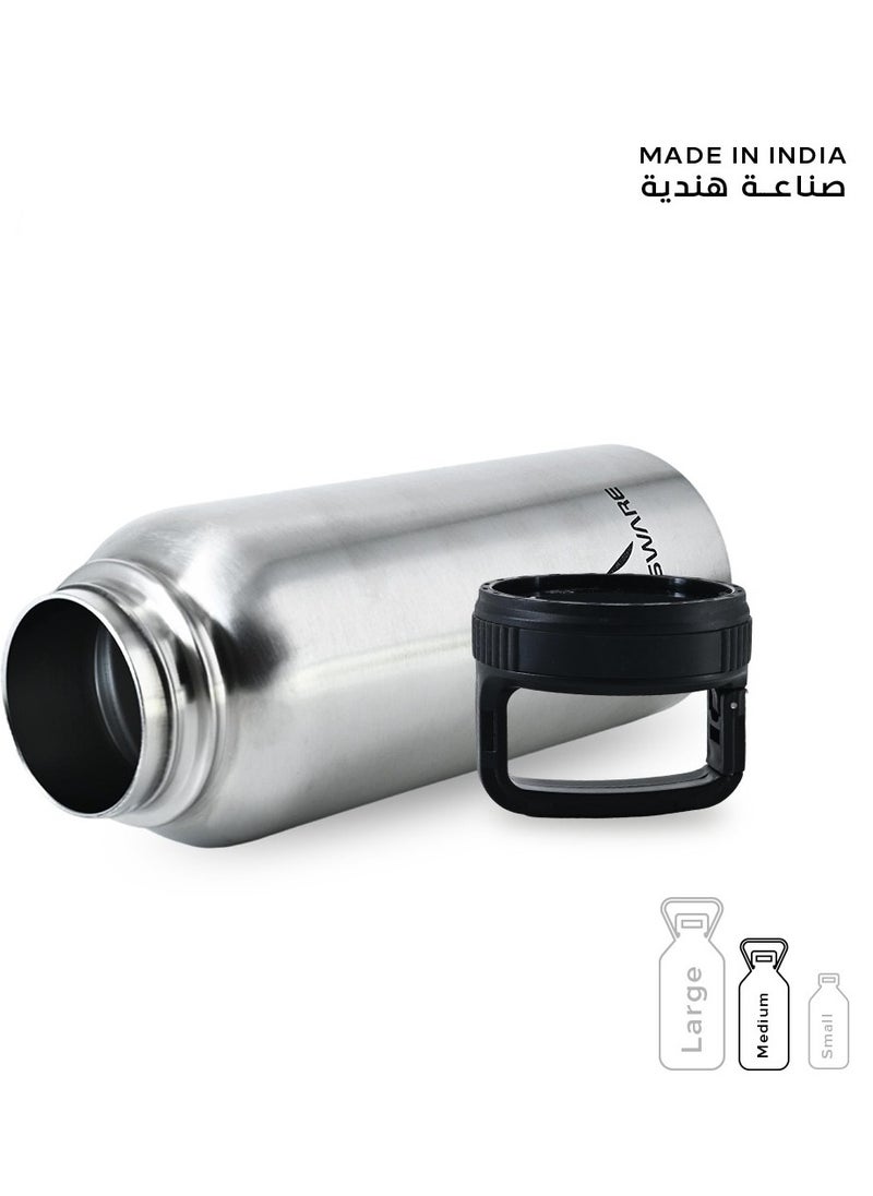 Atlasware - Water bottle with a capacity of 1000 ml, a stainless steel water bottle with a wide black lid, European design, that keeps cold for 45 hours and keeps heat for 14 hours, Silver - Image 1