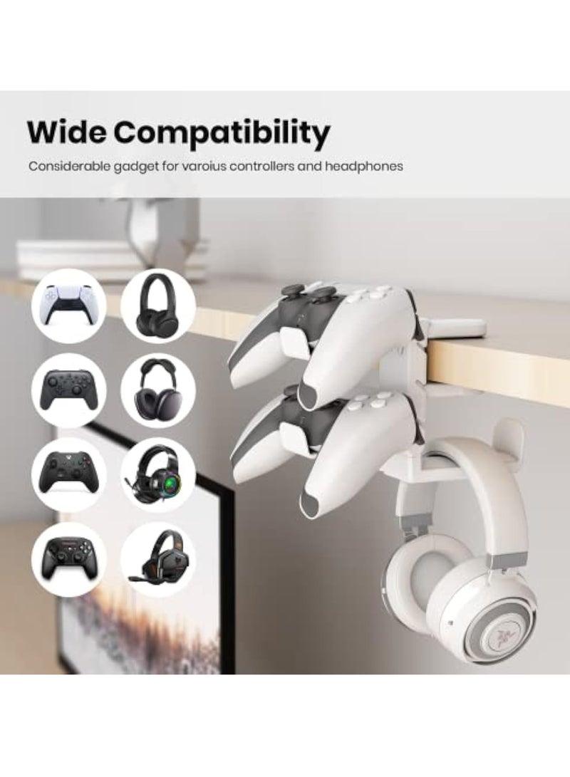 3-in-1 PC Gaming Headset&Controller Holder - EURPMASK Headphone Stand w/Adjustable Clamp&2 Controller Holder&Rotating Arm&Cable Organizer, Universal PC Gaming Accessory Controller Headset Stand-White - Image 3