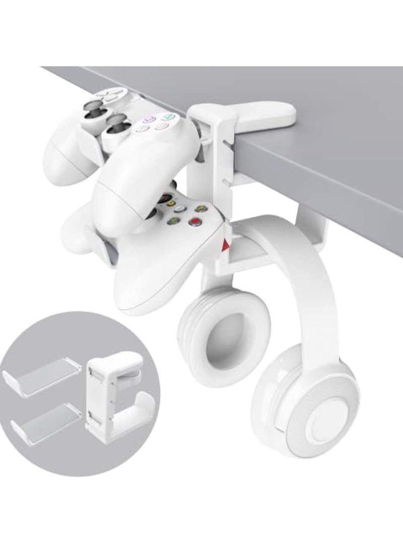3-in-1 PC Gaming Headset&Controller Holder - EURPMASK Headphone Stand w/Adjustable Clamp&2 Controller Holder&Rotating Arm&Cable Organizer, Universal PC Gaming Accessory Controller Headset Stand-White - Image 1