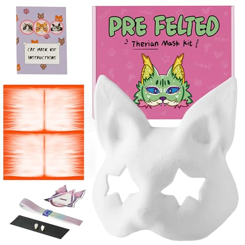 KemonoX Therian Cat Mask Kit with Star Eyes White Fleeced Cat Mask Base with Faux Fur Eye Mesh and Cat Like Fuzzy Fabric Felted for You Skip the Messy Work - Image 1