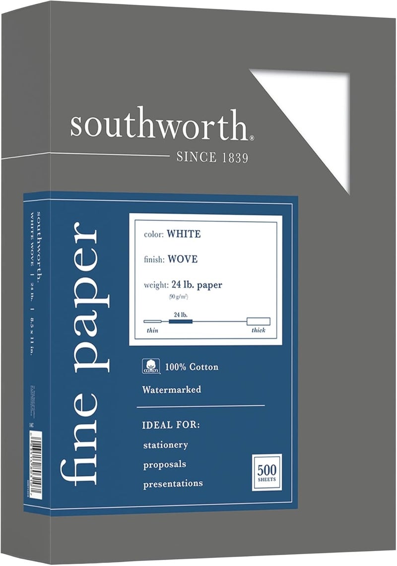 Southworth ورق أعمال 100% قطن من ساوثوورث 8.5 × 11 بوصة 24 رطل 100 معاد تدويره أبيض علبة من 500 - Image 1