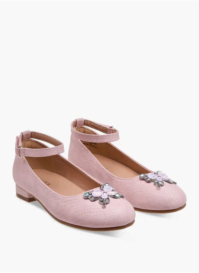 جونيورز Girls Butterfly Embellished Ballerina Shoes with Hook and Loop Closure