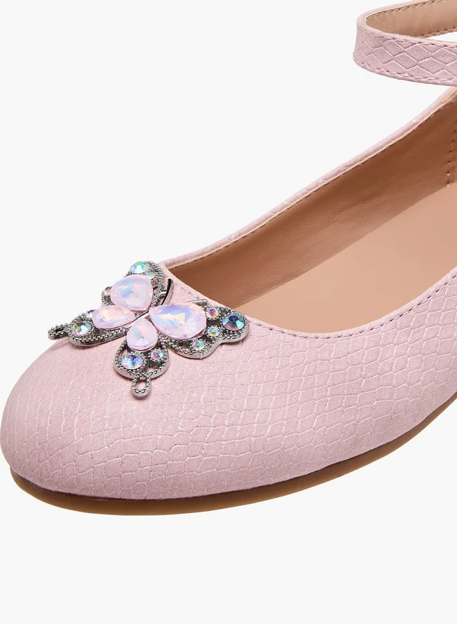 JUNIORS Girls Butterfly Embellished Ballerina Shoes with Hook and Loop Closure