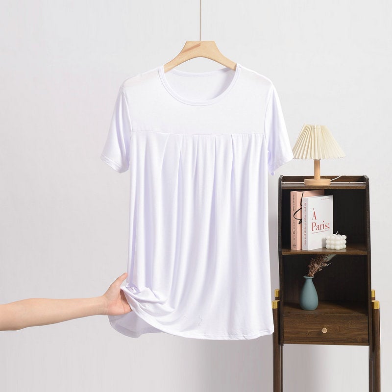 2025 Summer European and American Cross-border New Women's Loose chubby girl plus size Short-sleeved Pullover Pleated T-shirt Belted Waist Top - Image 3
